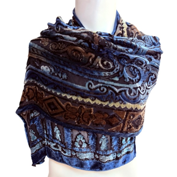 Sonia Rykiel Blue Velvet Burnout Paisley Scarf 🇫🇷 | Silk Blend Evening Shawl - Picture 1 of 11